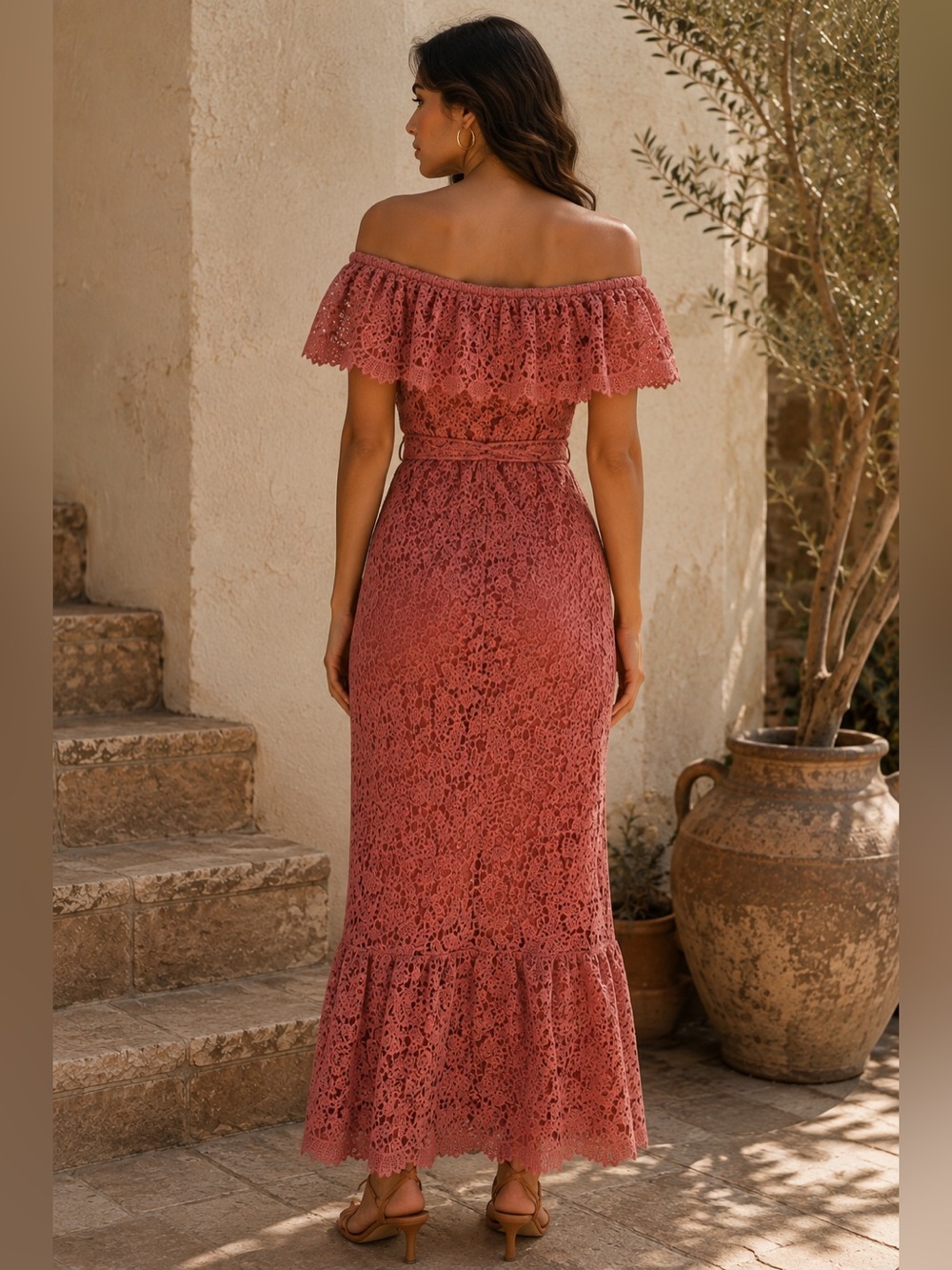 NA-KD Lace Off Shoulder Maxi Dress Dusty Rose Boho Romantic EU 40 Medium - Picture 2 of 13